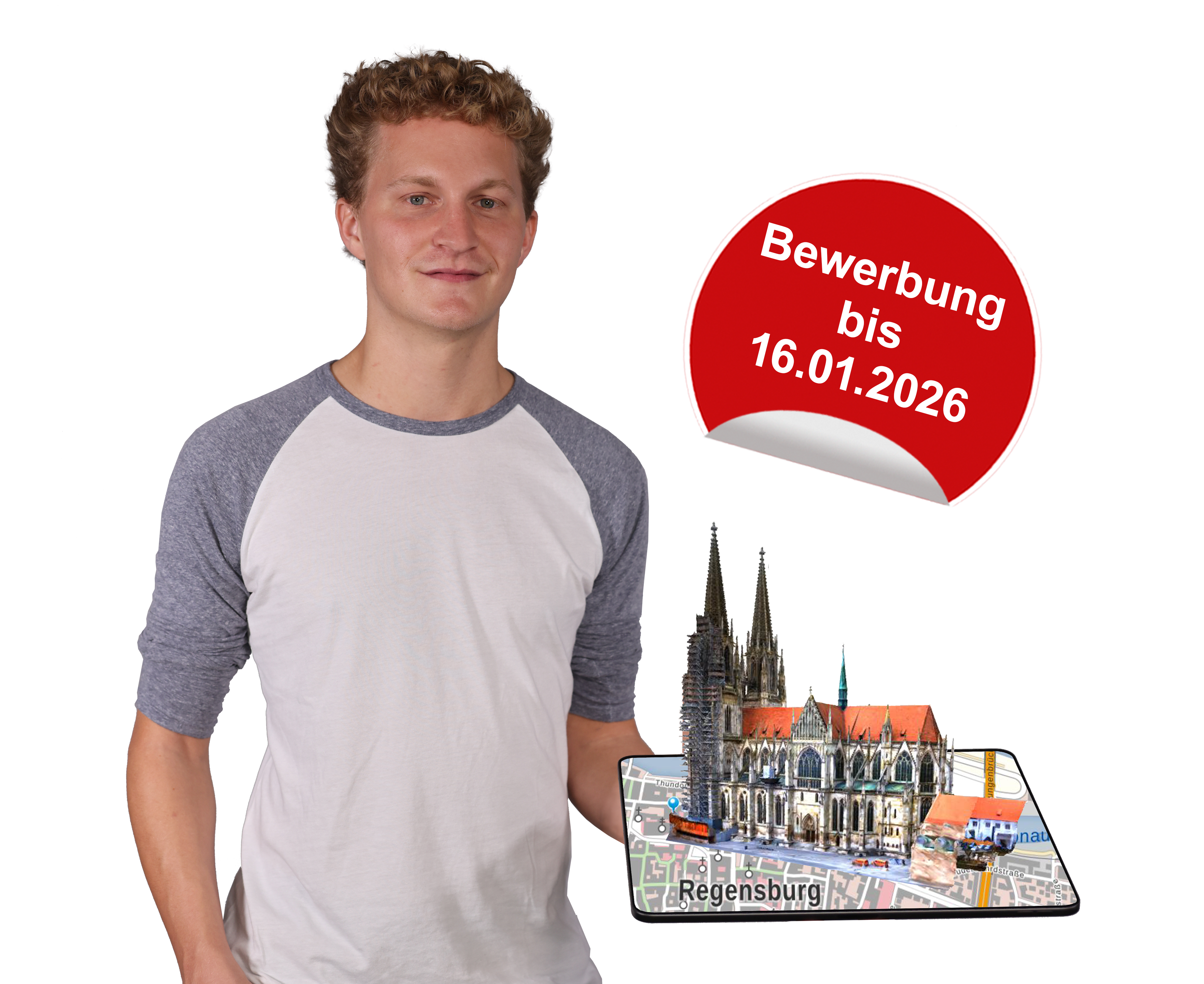 Junger Mann mit weißem T-Shirt und grauen Ärmeln steht lächelnd vor einem blauen Hintergrund. Vor ihm ist ein 3D-Modell einer Stadt mit mehreren Gebäuden zu sehen. Daneben befindet sich eine roter Kreis mit dem Text: 'Bewerbung bis 16.01.2026'
